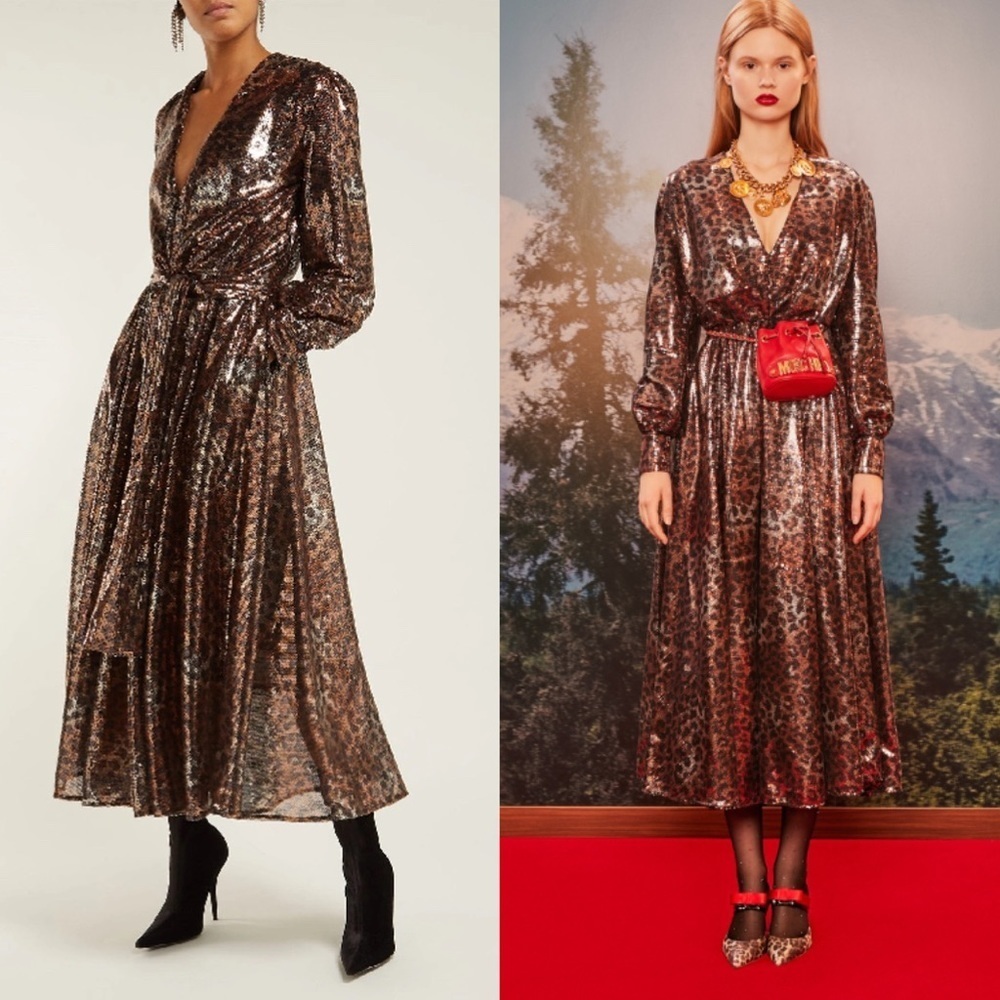 MSGM - GATHERED SEQUINED LEOPARD-PRINT TULLE MIDI DRESS IN BROWN​​​